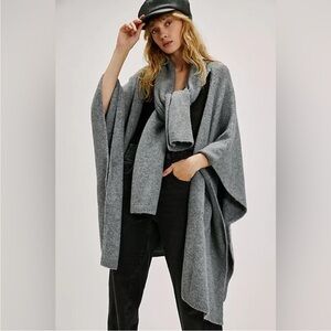 Free People Ellie Scarf Wrap Duster Sweater Grey One Size
